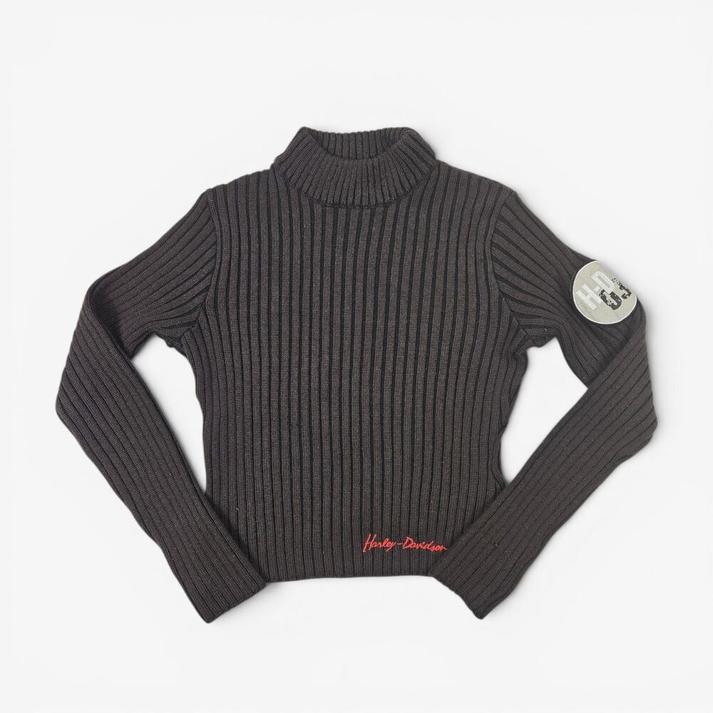 Y2k Harley Davidson Brown Sweater Turtleneck Ribbed Knit - XS